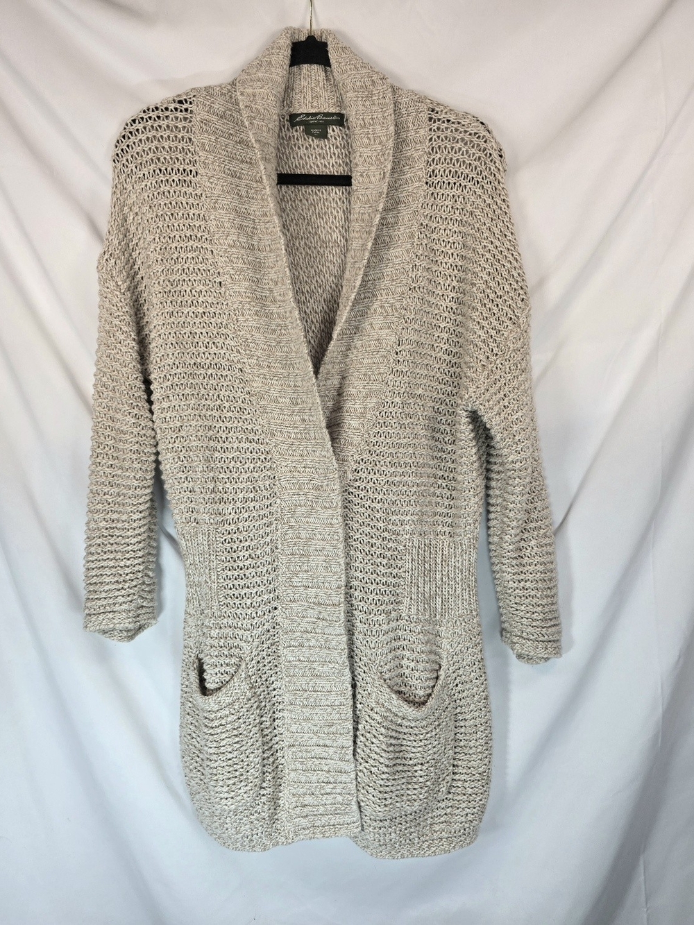 Eddie Bauer Cardigan Womens XL Oatmeal Chunky Knit Shawl Collar Pocket Cabincore